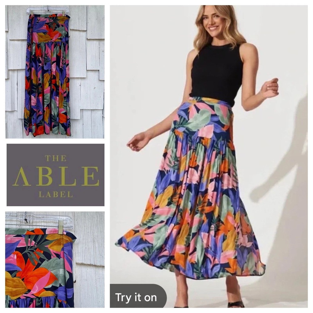 Abel The Label Maxi Skirt Womens S‎ Multicolor Excellent Tropical Tiered Slit